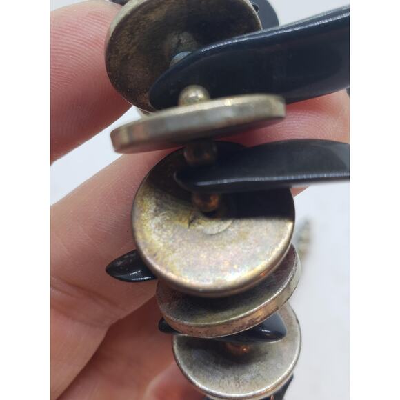 Chunky Black Onyx Statement Necklace Metal Discs Spikes Silver Plated Beads Boho - Picture 12 of 14